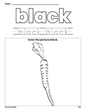 Free carrot color black coloring page and color worksheet, black worksheet for preschoolers to learn colors, printable PDF