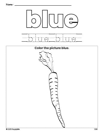 Free carrot color blue coloring page and color worksheet, blue worksheet for preschoolers to learn colors, printable PDF