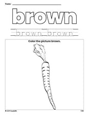 Free carrot color brown coloring page and color worksheet, brown worksheet for preschoolers to learn colors, printable PDF