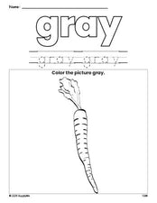 Free carrot color gray coloring page and color worksheet, gray worksheet for preschoolers to learn colors, printable PDF