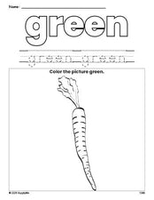 Free carrot color green coloring page and color worksheet, green worksheet for preschoolers to learn colors, printable PDF