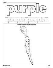 Free carrot color purple coloring page and color worksheet, purple worksheet for preschoolers to learn colors, printable PDF