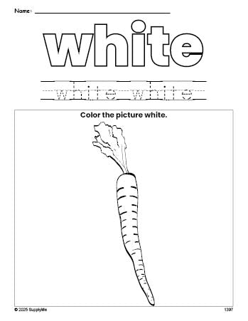 Free carrot color white coloring page and color worksheet, white worksheet for preschoolers to learn colors, printable PDF