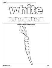 Free carrot color white coloring page and color worksheet, white worksheet for preschoolers to learn colors, printable PDF