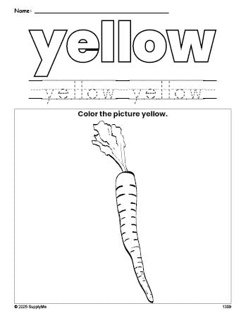 Free carrot color yellow coloring page and color worksheet, yellow worksheet for preschoolers to learn colors, printable PDF