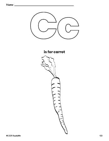 Free printable carrot coloring page, letter c coloring page for preschool, pre-k, and kindergarten, PDF