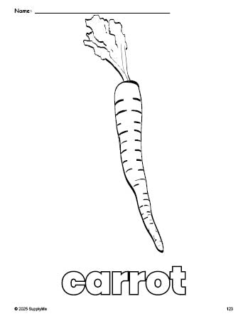 Free printable carrot coloring page for preschool, pre-k, and kindergarten, PDF