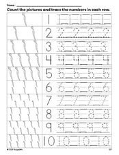 Free printable carrot counting worksheet for preschool and pre-k with number tracing practice 1-10, PDF