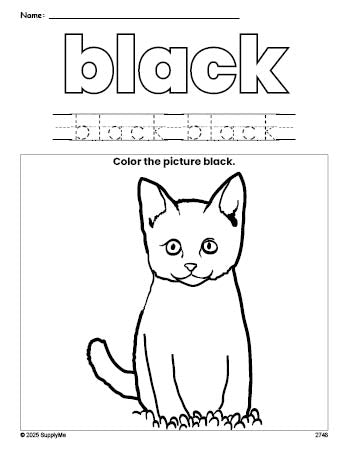 Free cat color black coloring page and color worksheet, black worksheet for preschoolers to learn colors, printable PDF