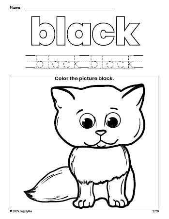 Free cat color black coloring page and color worksheet, black worksheet for preschoolers to learn colors, printable PDF