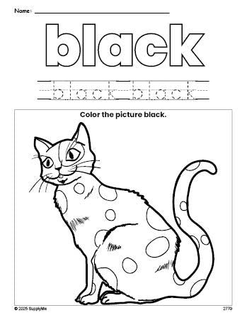 Free cat color black coloring page and color worksheet, black worksheet for preschoolers to learn colors, printable PDF