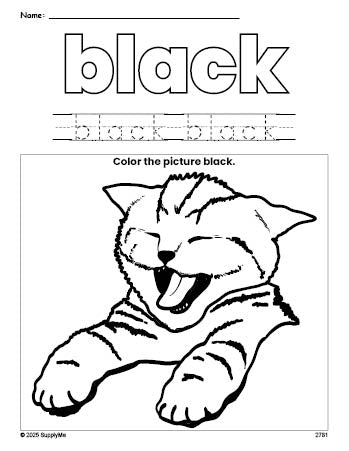 Free cat color black coloring page and color worksheet, black worksheet for preschoolers to learn colors, printable PDF