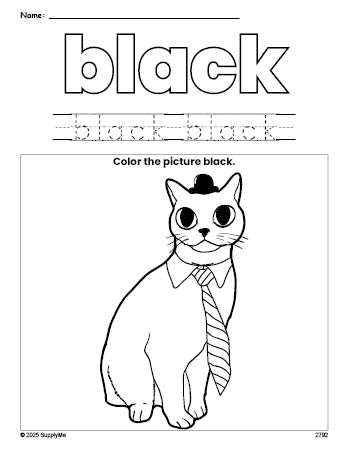 Free cat color black coloring page and color worksheet, black worksheet for preschoolers to learn colors, printable PDF