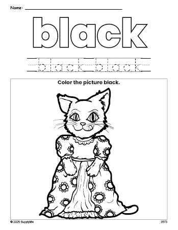 Free cat color black coloring page and color worksheet, black worksheet for preschoolers to learn colors, printable PDF