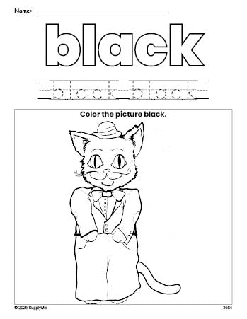 Free cat color black coloring page and color worksheet, black worksheet for preschoolers to learn colors, printable PDF