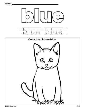 Free cat color blue coloring page and color worksheet, blue worksheet for preschoolers to learn colors, printable PDF