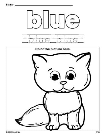 Free cat color blue coloring page and color worksheet, blue worksheet for preschoolers to learn colors, printable PDF