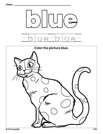 Free cat color blue coloring page and color worksheet, blue worksheet for preschoolers to learn colors, printable PDF