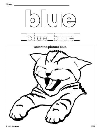 Free cat color blue coloring page and color worksheet, blue worksheet for preschoolers to learn colors, printable PDF