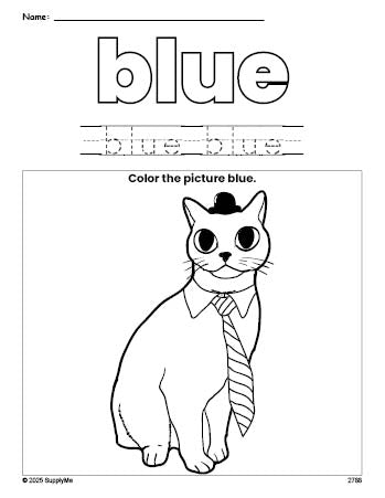 Free cat color blue coloring page and color worksheet, blue worksheet for preschoolers to learn colors, printable PDF