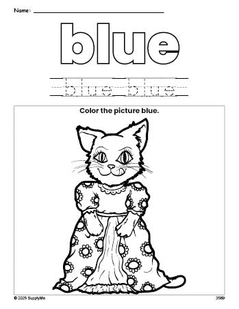 Free cat color blue coloring page and color worksheet, blue worksheet for preschoolers to learn colors, printable PDF