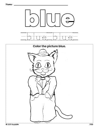 Free cat color blue coloring page and color worksheet, blue worksheet for preschoolers to learn colors, printable PDF