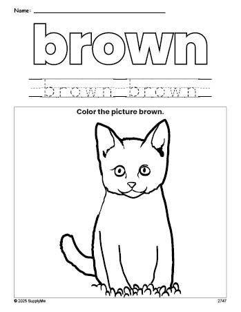 Free cat color brown coloring page and color worksheet, brown worksheet for preschoolers to learn colors, printable PDF