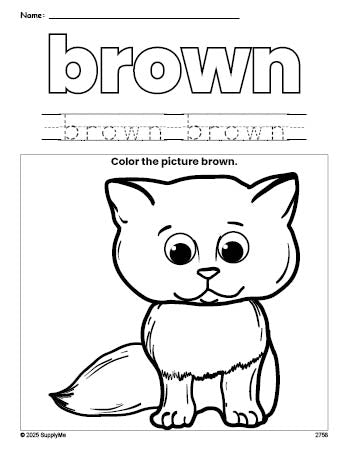 Free cat color brown coloring page and color worksheet, brown worksheet for preschoolers to learn colors, printable PDF