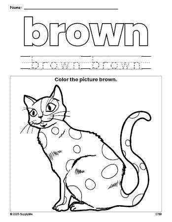 Free cat color brown coloring page and color worksheet, brown worksheet for preschoolers to learn colors, printable PDF