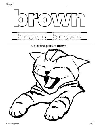 Free cat color brown coloring page and color worksheet, brown worksheet for preschoolers to learn colors, printable PDF