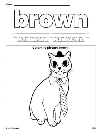 Free cat color brown coloring page and color worksheet, brown worksheet for preschoolers to learn colors, printable PDF