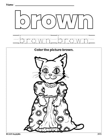 Free cat color brown coloring page and color worksheet, brown worksheet for preschoolers to learn colors, printable PDF