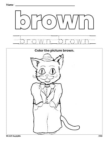 Free cat color brown coloring page and color worksheet, brown worksheet for preschoolers to learn colors, printable PDF