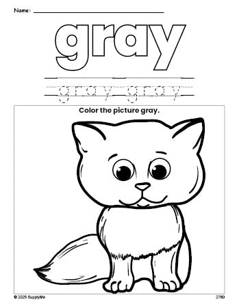 Free cat color gray coloring page and color worksheet, gray worksheet for preschoolers to learn colors, printable PDF