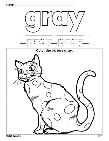 Free cat color gray coloring page and color worksheet, gray worksheet for preschoolers to learn colors, printable PDF