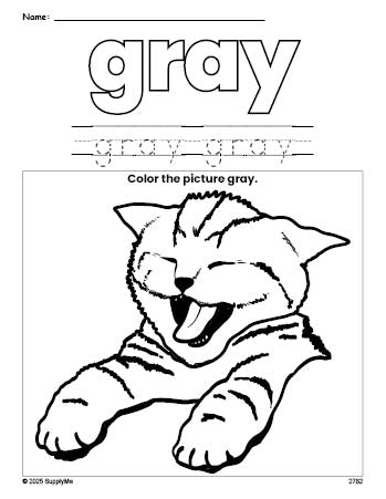 Free cat color gray coloring page and color worksheet, gray worksheet for preschoolers to learn colors, printable PDF