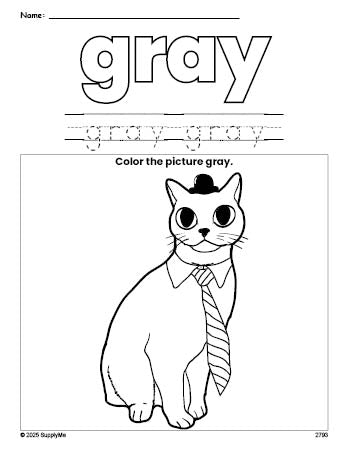 Free cat color gray coloring page and color worksheet, gray worksheet for preschoolers to learn colors, printable PDF