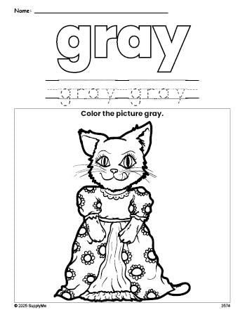 Free cat color gray coloring page and color worksheet, gray worksheet for preschoolers to learn colors, printable PDF