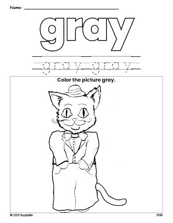 Free cat color gray coloring page and color worksheet, gray worksheet for preschoolers to learn colors, printable PDF