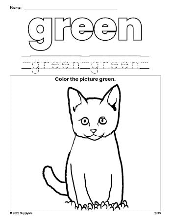 Free cat color green coloring page and color worksheet, green worksheet for preschoolers to learn colors, printable PDF