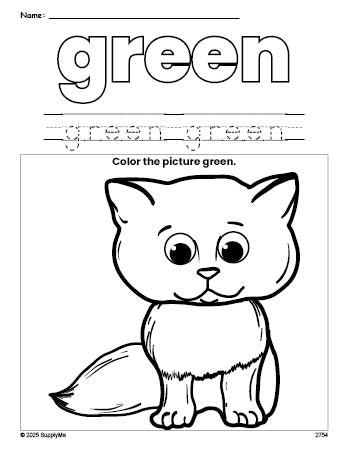 Free cat color green coloring page and color worksheet, green worksheet for preschoolers to learn colors, printable PDF