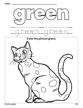 Free cat color green coloring page and color worksheet, green worksheet for preschoolers to learn colors, printable PDF