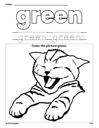 Free cat color green coloring page and color worksheet, green worksheet for preschoolers to learn colors, printable PDF