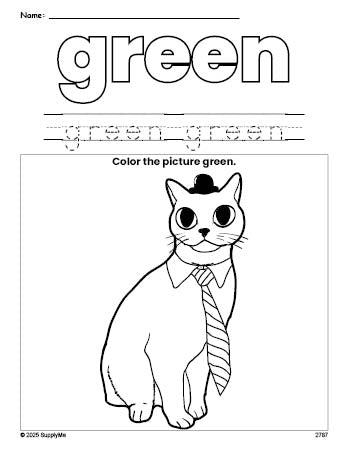 Free cat color green coloring page and color worksheet, green worksheet for preschoolers to learn colors, printable PDF