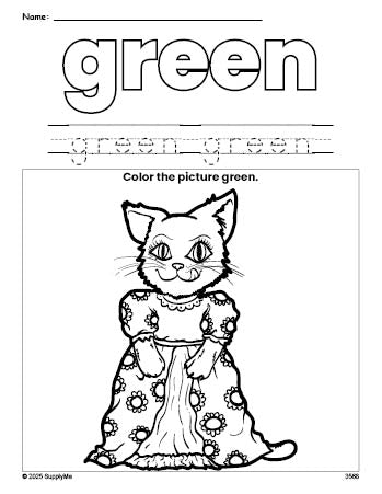 Free cat color green coloring page and color worksheet, green worksheet for preschoolers to learn colors, printable PDF