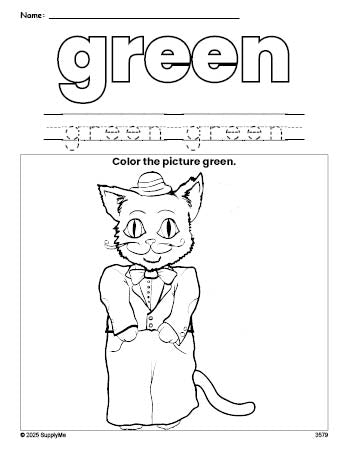 Free cat color green coloring page and color worksheet, green worksheet for preschoolers to learn colors, printable PDF