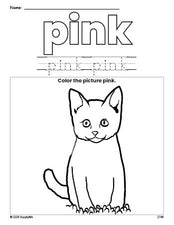 Free cat color pink coloring page and color worksheet, pink worksheet for preschoolers to learn colors, printable PDF