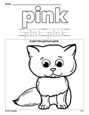 Free cat color pink coloring page and color worksheet, pink worksheet for preschoolers to learn colors, printable PDF