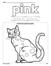 Free cat color pink coloring page and color worksheet, pink worksheet for preschoolers to learn colors, printable PDF