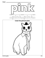 Free cat color pink coloring page and color worksheet, pink worksheet for preschoolers to learn colors, printable PDF